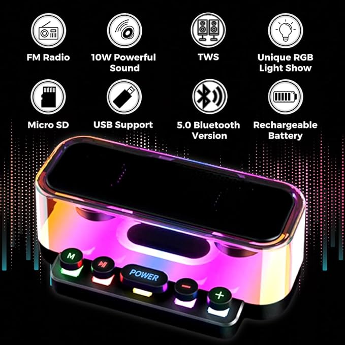 Soniq Hub Portable 10w Dual Bluetooth Speaker with 360° RGB Light Show | Keyboard Switch Design | FM Radio, SD/TF Card, USB | HiFi Wireless Speaker with TWS Connect, 7 Hours Playback